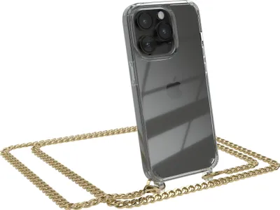Produktbild von EAZY CASE Metall Handykette für Apple iPhone 14 Pro, Handyhülle mit Umhängeband, Silikonhülle, Metallkette für Smartphone in Gold