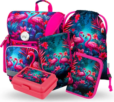 Produktbild von BAAGL Ergo Flamingos Schulranzen-Set 5tlg: Schulranzen, Federmäppchen, Turnbeutel, Heftmappe, Brotdose