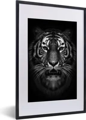 Produktbild von MuchoWow® Gerahmtes Poster Tiger - Tiere - Schwarz - Weiß - Porträt - Wild 40x60 cm - Poster mit Schwarzem Bilderrahmen Wandposter Rahmen Foto Bilder - Poster in Rahmen
