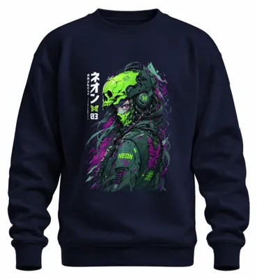 Immagine prodotto di Felpa con cappuccio, stile cyberpunk, con grafica ispirata all'anime, motivo teschio neon, design giapponese, ispirazione anni 2000, tessuto tecnico, colore blu navy, taglia XL