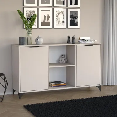 Produktbild von BEAUTYSOFA Kommode HOME 150cm in Kaschmir, 2-türiges Sideboard mit zwei offenen Regalfächern, Griffen und Metallbeinen, Anrichte für Wohnzimmer & Flur