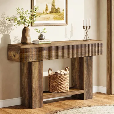 Produktbild von Konsolentisch Flur - Eingangstisch mit Ablage - 140x30x85 cm schmal - 2 Ebenen Stauraum - Landhaus rustikal - Rechteckiger Holztisch hinter dem Sofa - Braun