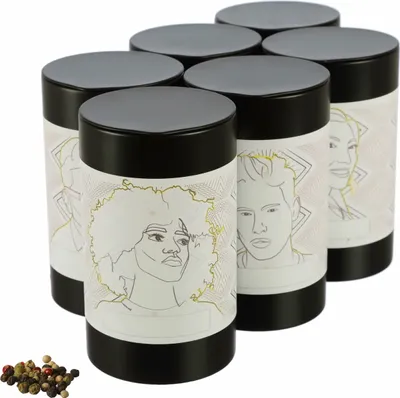 Produktbild von Dosenritter | 6 x runde Gewürzdose / Teedose, inkl. 6 funky-Etiketten | aromadicht aus Metall für je 140g Earl Grey | 12.8 x 7.4 cm (H,ø)