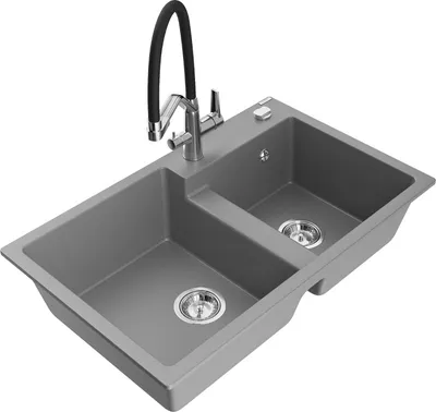 Produktbild von Mexen Tomas 2-Becken-Granitspüle mit Mischbatterie Duo, Grau - 6516-71-671701-07