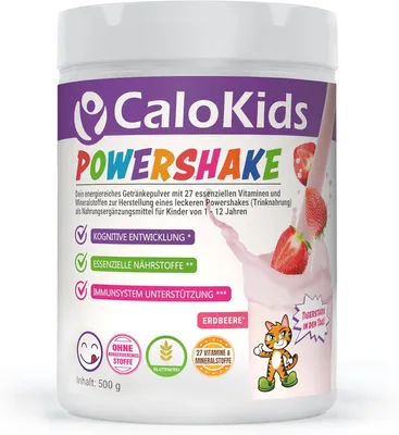 A product shot of a container of CaloKids POWERSHAKE strawberry flavored drink powder.