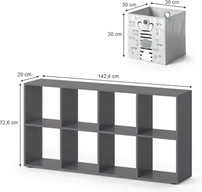 A product image showing a gray shelving unit with 8 compartments and a separate image of a fabric storage box with a zebra design.
