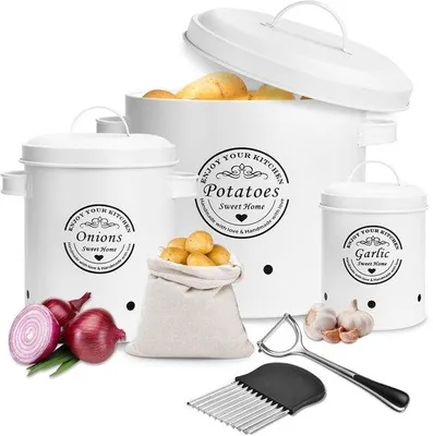 Image de Lot de 3 boîtes de conservation aérées pour pommes de terre, oignons et ail, blanc
