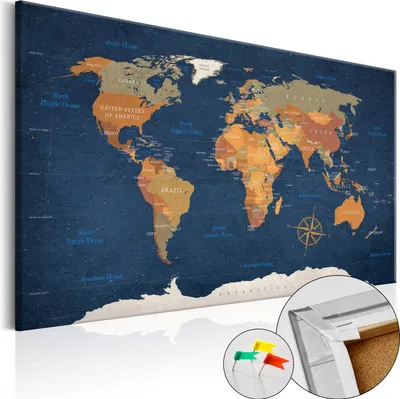 Immagine prodotto di Novità! Quadro su tela con bacheca in sughero 90x60 cm - MAPPA MONDIALE PAESI VIAGGI k-C-0048-p-b