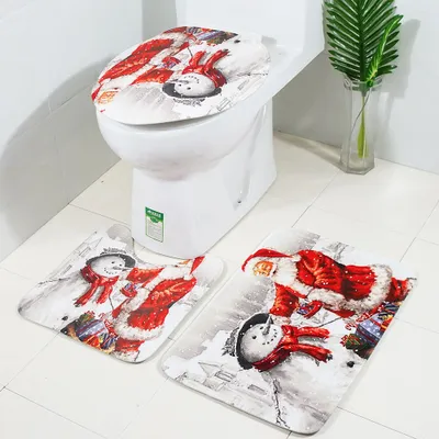 Zdjęcie produktu dla Świąteczny 3-częściowy zestaw łazienkowy, wzór Father Christmas, nakładka na toaletę, mata, dywanik antypoślizgowy, czerwony, poliester, plastik, bawełna