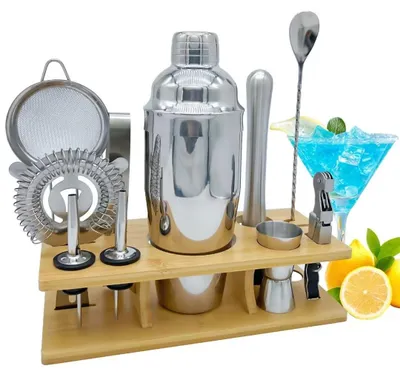 Produktbild von 11-teiliges Cocktail-Set mit Shaker und Bambus-Ständer