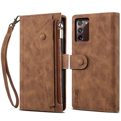 Obrázek produktu pro Ochranné pouzdro pro Samsung Galaxy Note 20/Note 20 5G, kožené pouzdro na zip, skládací peněženka s přihrádkou na karty, stojánek a poutko Hnědý
