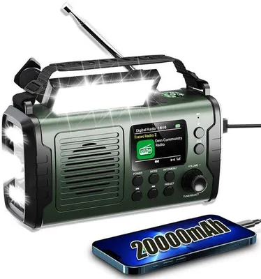 Zdjęcie produktu dla Unyqoos® Radio awaryjne 20.000 mAh – przenośne radio DAB i FM zasilane energią słoneczną, korbką, powerbank (USB-C), Bluetooth 5.3, funkcją SOS, latarką LED, kompasem, klasą ochrony IP53