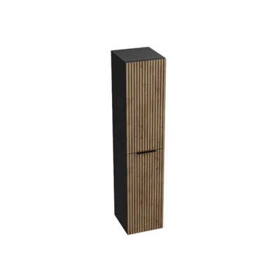 A tall, narrow cabinet with a black top and a slatted wood-effect front, shown against a white background.