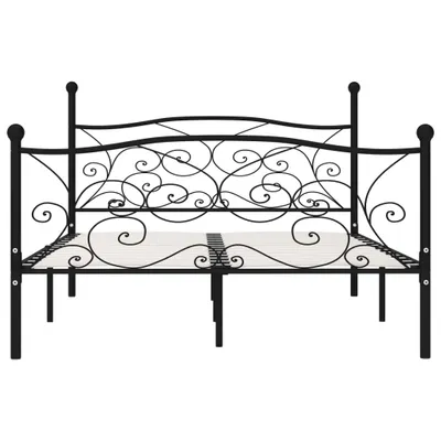 A black metal bed frame shown from the front.