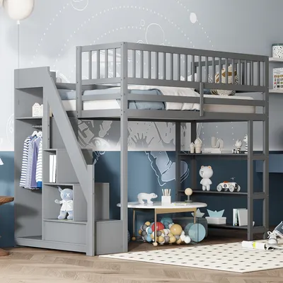 Produktbild von Flieks Etagenbett 90x200cm mit Rausfallschutz, Kinderbett Hochbett mit Treppe und Garderobe, Einzelbett Holzbett Stockbett mit Lattenrost, Grau