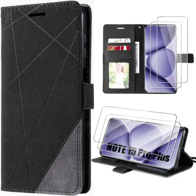 Image de Coque + 2 Verres Trempés pour Xiaomi Redmi Note 15 Pro Plus 5G, CuirPolyuréthaneAntichoc Anti-Rayures Noir