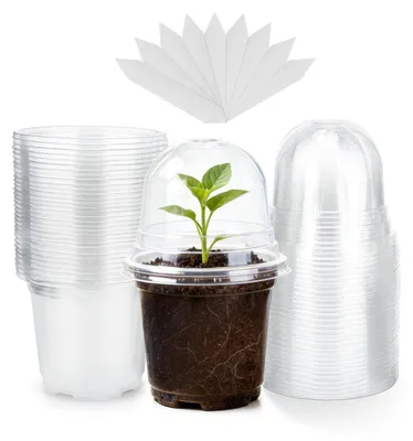 Image de Godets de culture avec couvercle et supports pour plantes, 10 cm, plastique, lot de 32