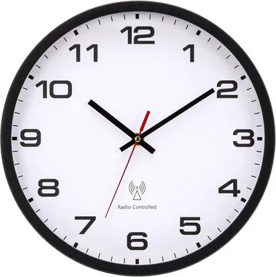 Zdjęcie produktu dla Duży zegar ścienny z radiem, 30 cm, biało-czarny, zasilany bateryjnie
