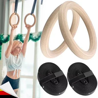 Imagen del producto de Aros de gimnasia de madera – Aros de entrenamiento – Correas ajustables – 28 mm – Para niños y adultos – Entrenamiento en casa – Entrenamiento de fuerza