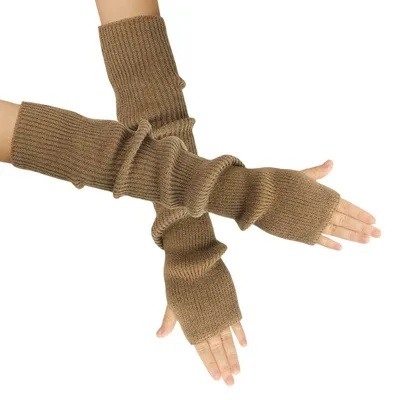 Produktbild von Armstulpen Damen Lang Khaki Fingerlos Gestrickt mit Daumenloch 1 Paar