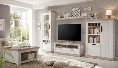 Produktbild von Landhaus Wohnwand und Couchtisch FERNA-61 Pinie weiß und Oslo dunkel Nb. B x H x T ca.: 330 x 201 x 44 cm