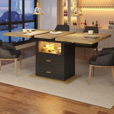 Productafbeelding van Uitschuifbare eettafel met lades en LED-verlichting, 110-140x80x75 cm, houtlook/zwart