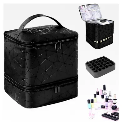 Produktbild von Tragbare Nagellack Aufbewahrungstasche, Doppelschicht Nagellack Organizer für 30 Flaschen + 1 Lampe, wasserdicht mit Fächern, Kosmetiktasche für Reisen