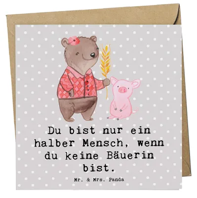 Produktbild von Mr. & Mrs. Panda Grußkarte Bäuerin Herz - Grau Pastell - Geschenk, Klappkarte, doppelkarte, Landwirtin, faltkarte, anlasskarte, Lustig, Bauernhof, Glückwunschkarte