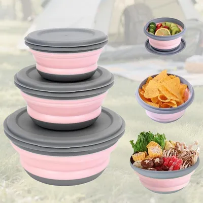 Obrázok produktu pre Sada skladacích misiek, 3 kusy, priemer 15/20/25 cm, s pokrievkami, vhodná na kempovanie a cestovanie