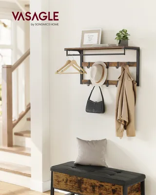 Produktbild von VASAGLE Wandregal mit 10 abnehmbaren Haken, Kleiderstange, 30 x 80 x 42 cm (T x B x H), vintagebraun