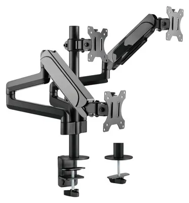Produktbild von Equip Neig-/schwenkbare Verdreifachenmonitorhalter für Bildschirme mit 17 bis 27 Zoll, Klemme, 21 kg, 75 x 75 mm, 100 x 100 mm, Höhenverstellung, Schwarz