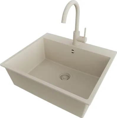Produktbild von PRIMAGRAN Granitspüle Beige 58x50cm, Spülbecken 1 Becken + Küchenarmatur 32x20cm + Ablauf-Set, Küchenspüle ab 60er Unterschrank - Riga