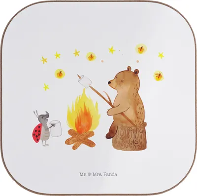Produktbild von Mr. & Mrs. Panda Untersetzer für Gläser Bär & Marienkäfer Lagerfeuer - Weiß - Geschenk, Coaster, Teddy, Flaschenuntersetzer, gläseruntersetzer, Tassen