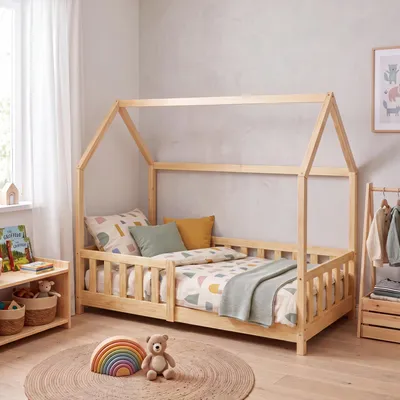 Produktbild von Hausbett ‘Hesel’ für Kinder mit Rausfallschutz 80 x 160 cm Kiefernholz Natur