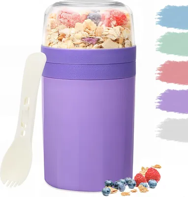 Produktbild von Bugucat Müslibecher to Go 520ML+250ML,Praktischer Joghurtbecher mit Löffel, Auslaufsicher Müsli Cup Becher mit Soßenbox,Müslibox Brotdose Lunchbox für Kinder & Erwachsene, Lila