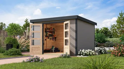 Produktbild von Karibu Gartenhaus Hybridhaus Metall Jupiter 5 wassergrau 298,5x242,5x209 cm
