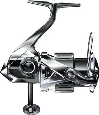 A studio shot of a fishing reel against a white background.