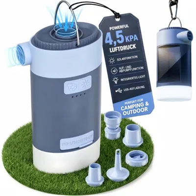 Produktbild von Luftpumpe mit Solarpanel, 4,5kPa & 4000mAh Elektrische Luftpumpe mit 300 L/min, 3 Helligkeitsstufen,  3-in-1 tragbar Luftpumpe mit 5 Luftdüsen, IPX4