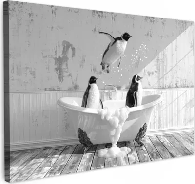 Produktbild von MuchoWow® - Leinwandbilder - Pinguine - Vintage - Tiere - Schwarz - Weiß, Wandbild, Wanddeko Bilder Wohnzimmer, 90x60 cm