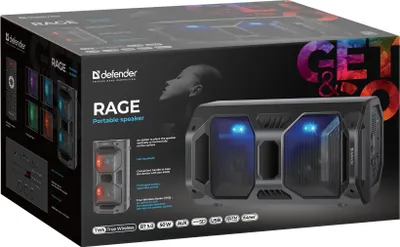The image shows the packaging of a Defender Rage portable Bluetooth speaker.