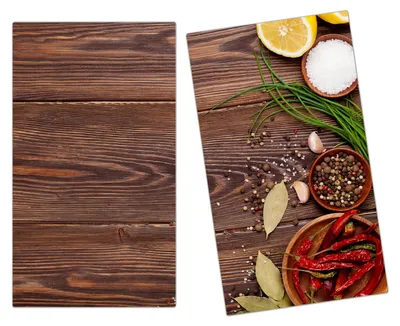 Produktbild von Spritzschutz Herdabdeckplatte Schneidebrett aus Glas Kräuter und Chilischoten 2-Teilig (60x52cm)