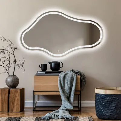 Produktbild von Unregelmäßiger asymmetrischer Spiegel mit LED Beleuchtung 154x84 cm - mit LED Beleuchtung - LED Farbe Kaltweiß 7000K - Individuell Nach Maß - Beleuchtet Wandspiegel Lichtspiegel Badezimmerspiegel - Sensor Schalter - CHM223