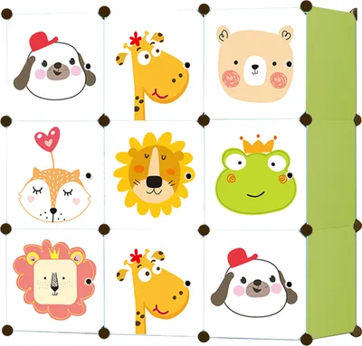 Image de Armoire modulaire pour enfants, 9 portes avec impression de contes de fées, armoire combinée, étagère enfichable, capacité de chambre de 3 kg, résistante à la moisissure et à l'eau, en vert