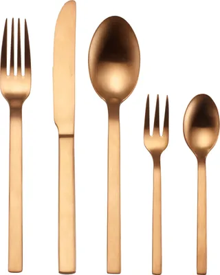A set of five bronze-colored cutlery items arranged in a row against a white background.