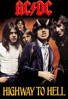 The AC/DC band members are posing for a promotional image for their "Highway to Hell" album.