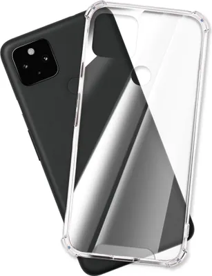 A black smartphone is shown diagonally with a transparent phone case placed over it.