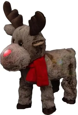 A plush reindeer toy with a red scarf and a glowing red nose, standing on a white background.