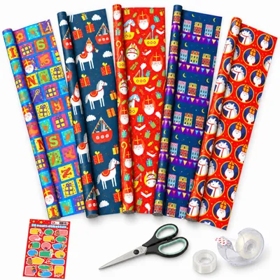 Produktbild von Benza – Sinterklaas-Geschenkverpackungs-Set – 5 Rollen Geschenkpapier 70 x 500 cm – 20 Geschenkanhänger – Schere – Klebebandabroller mit 2 Rollen Klebeband, KI-generiertes Bild