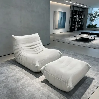 Produktbild von Sessel mit Hocker, Einzelsessel und Relaxsessel, bequemes Lounge-Sofa für Wohnzimmer, Schlafzimmer und Gästezimmer Beige /MMC-M/