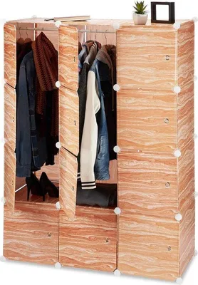 Produktbild von Famanu Kleiderschrank 8 Fächer aus Kunststoff mit Türen und Kleiderstangen - Holzoptik